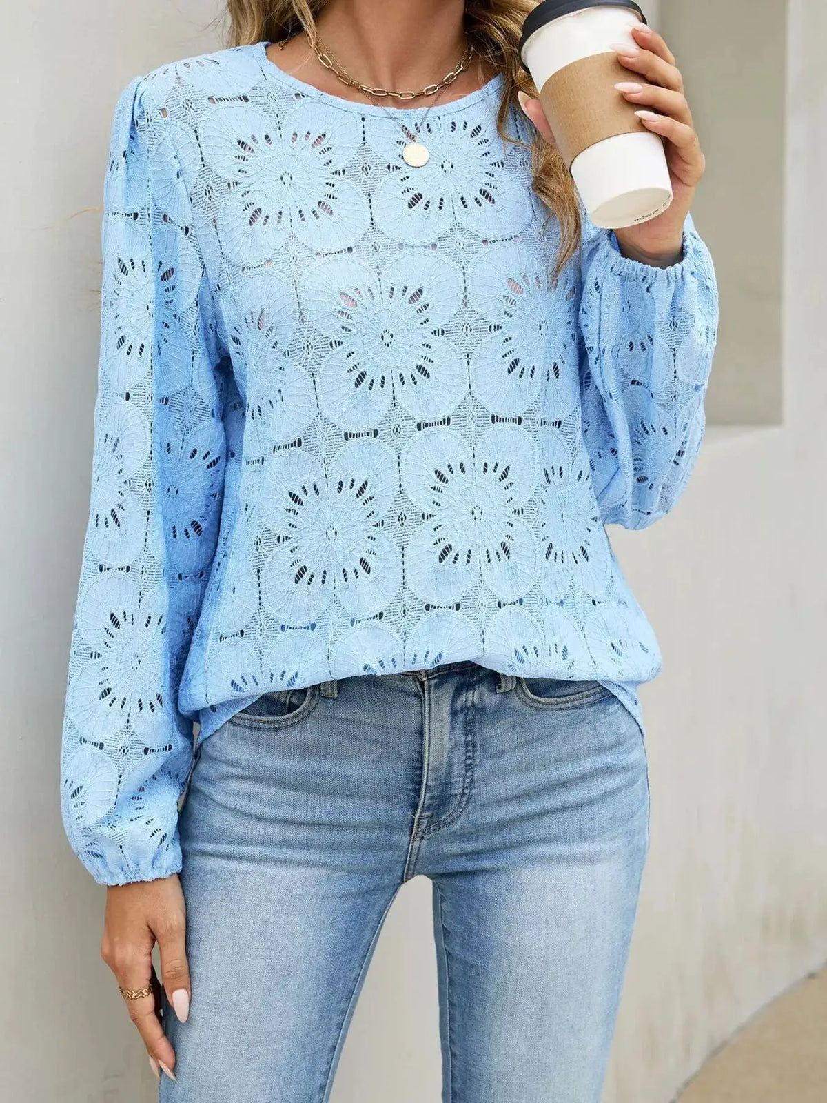 Floral Eyelet Lace Long Sleeve Blouse by Trendsi