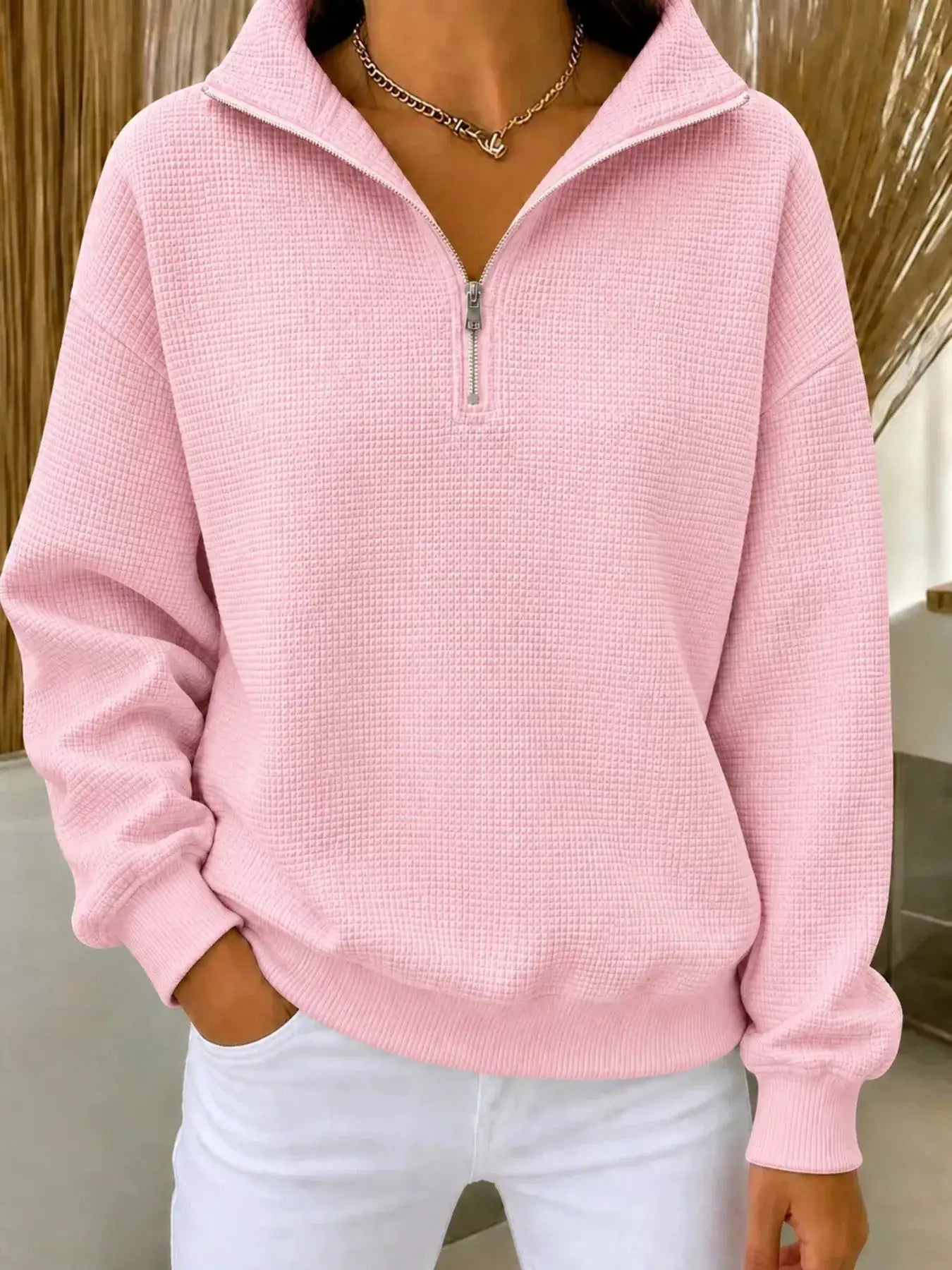Full Size Waffle Knit Quarter-Zip Sweatshirt Plus Size by Trendsi