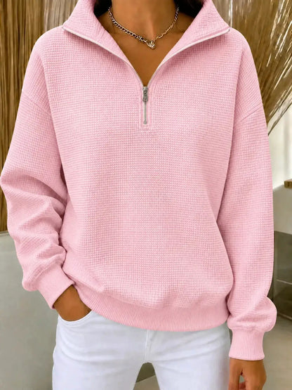 Full Size Waffle Knit Quarter-Zip Sweatshirt Plus Size by Trendsi