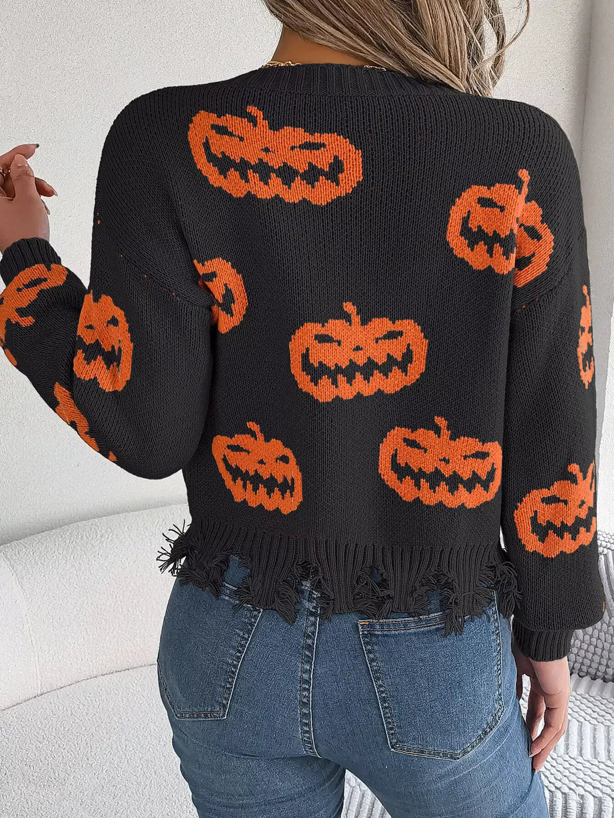 Pumpkin Distressed Hem Sweater by Trendsi
