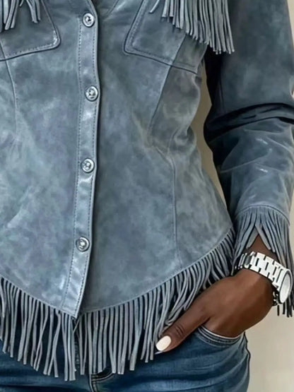 Full Size Fringed Snap Down Jacket Plus Size by Trendsi