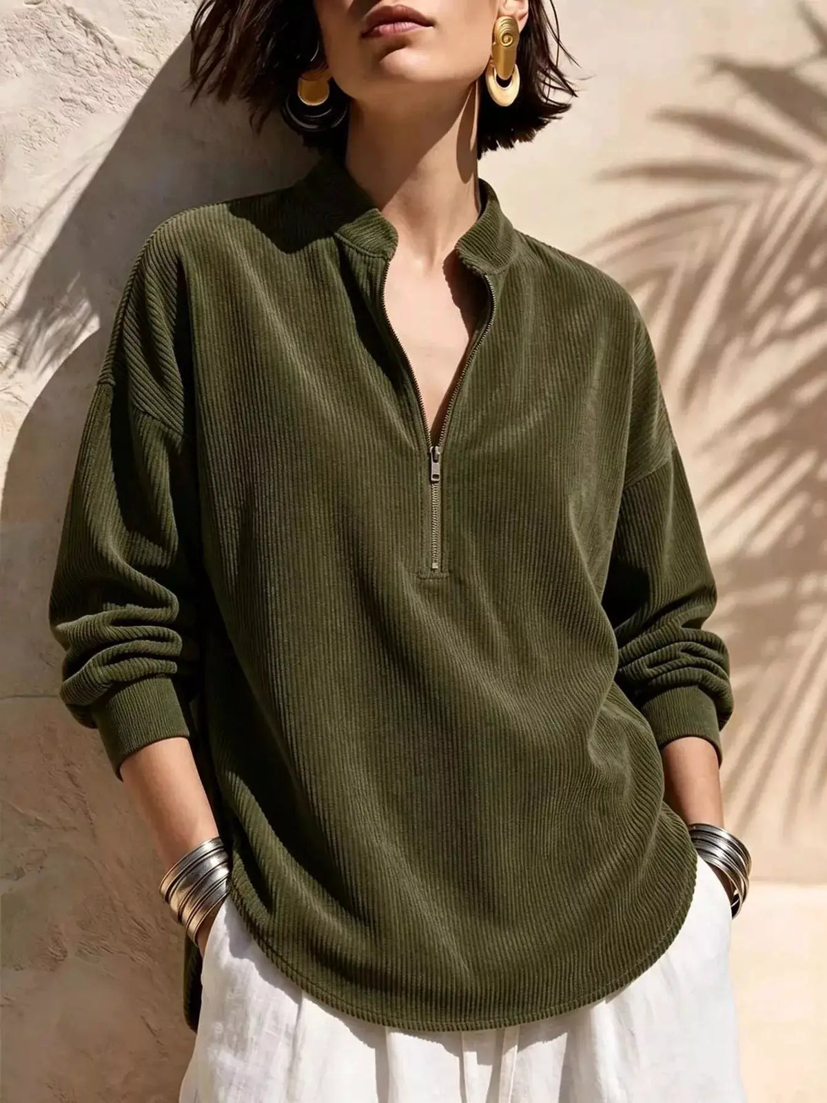 Full Size Half Zip Dropped Shoulder Corduroy Top Plus Size by Trendsi