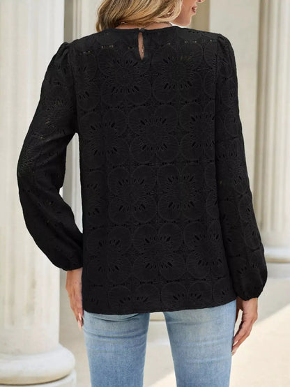 Floral Eyelet Lace Long Sleeve Blouse by Trendsi
