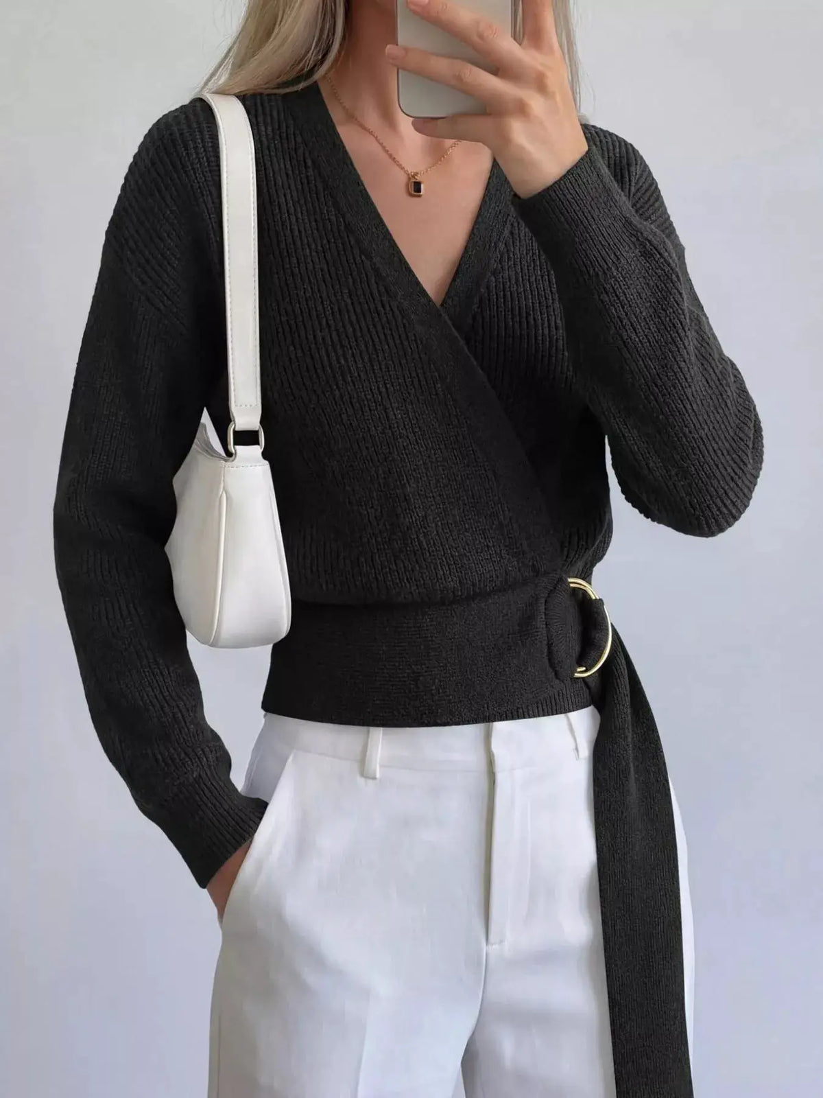 Metal Ring Detail Dropped Shoulder Sweater by Trendsi