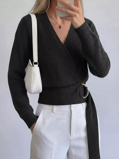 Metal Ring Detail Dropped Shoulder Sweater by Trendsi