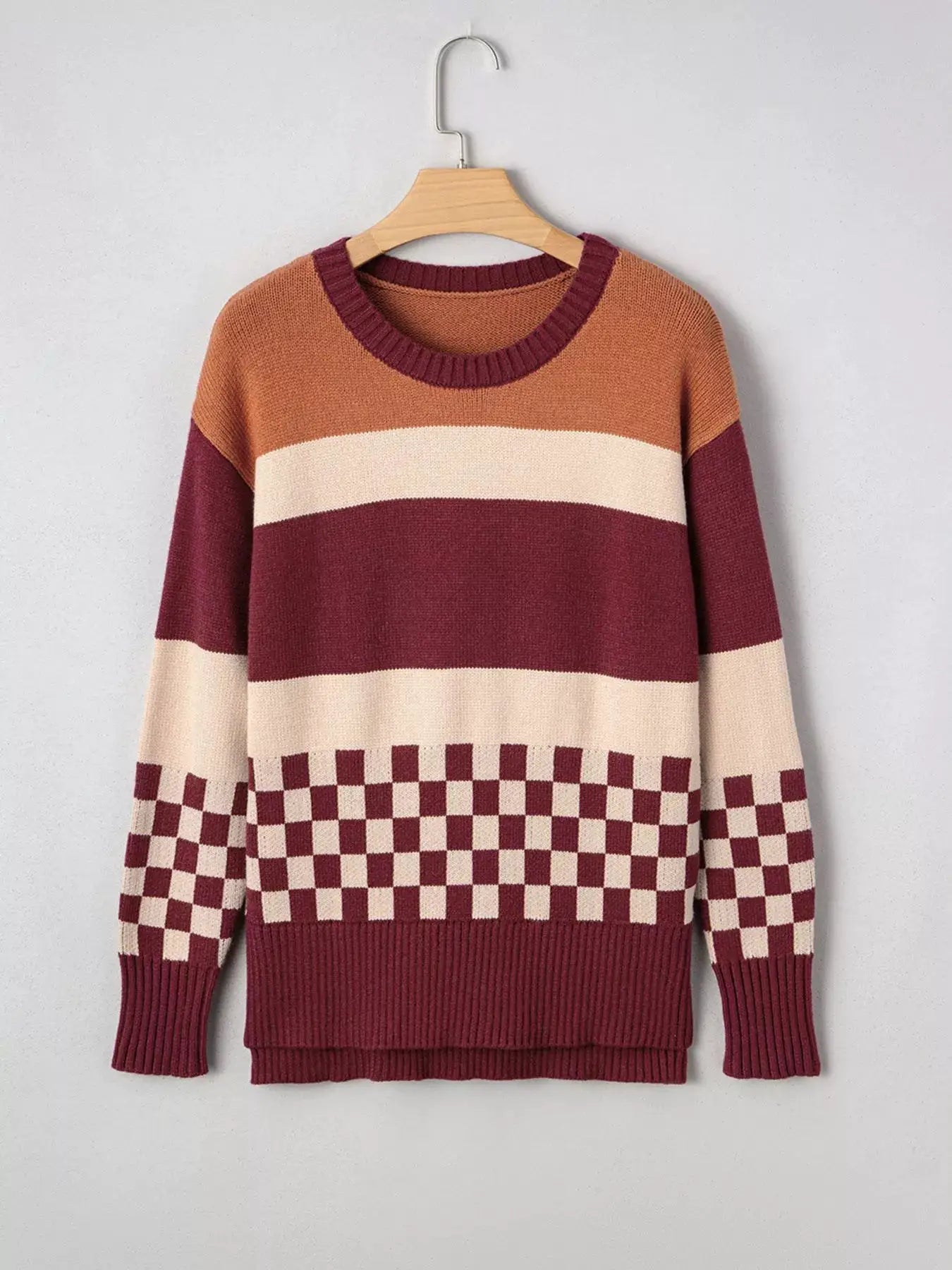 Checkered Color Block Knitted Drop Shoulder Sweater by Trendsi