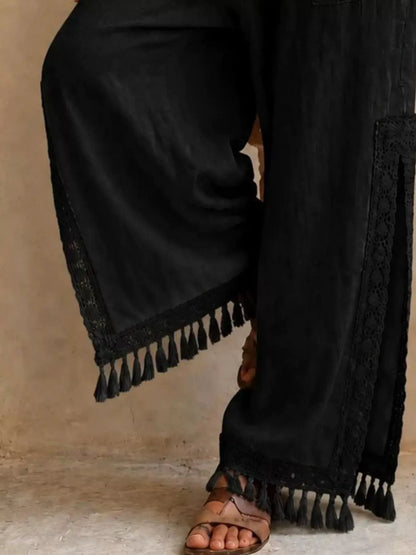 Lace Detail Slit Wide Leg Pants by Trendsi