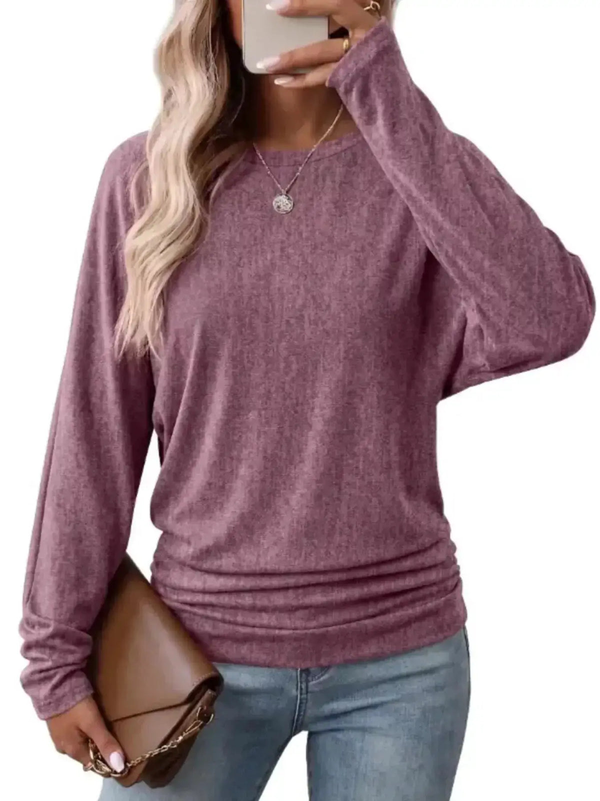 Long Sleeve Crew Neck Casual T-Shirt with Ruched Hem by Trendsi
