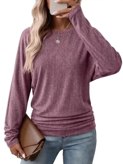 Long Sleeve Crew Neck Casual T-Shirt with Ruched Hem by Trendsi