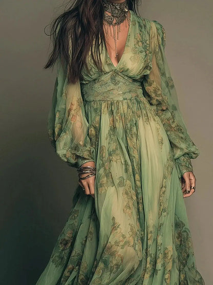 Floral Print V-Neck Maxi Dress by Trendsi