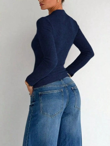 Ribbed Knit Long Sleeve T-Shirt with Metal Ring Cutout Detail by Trendsi
