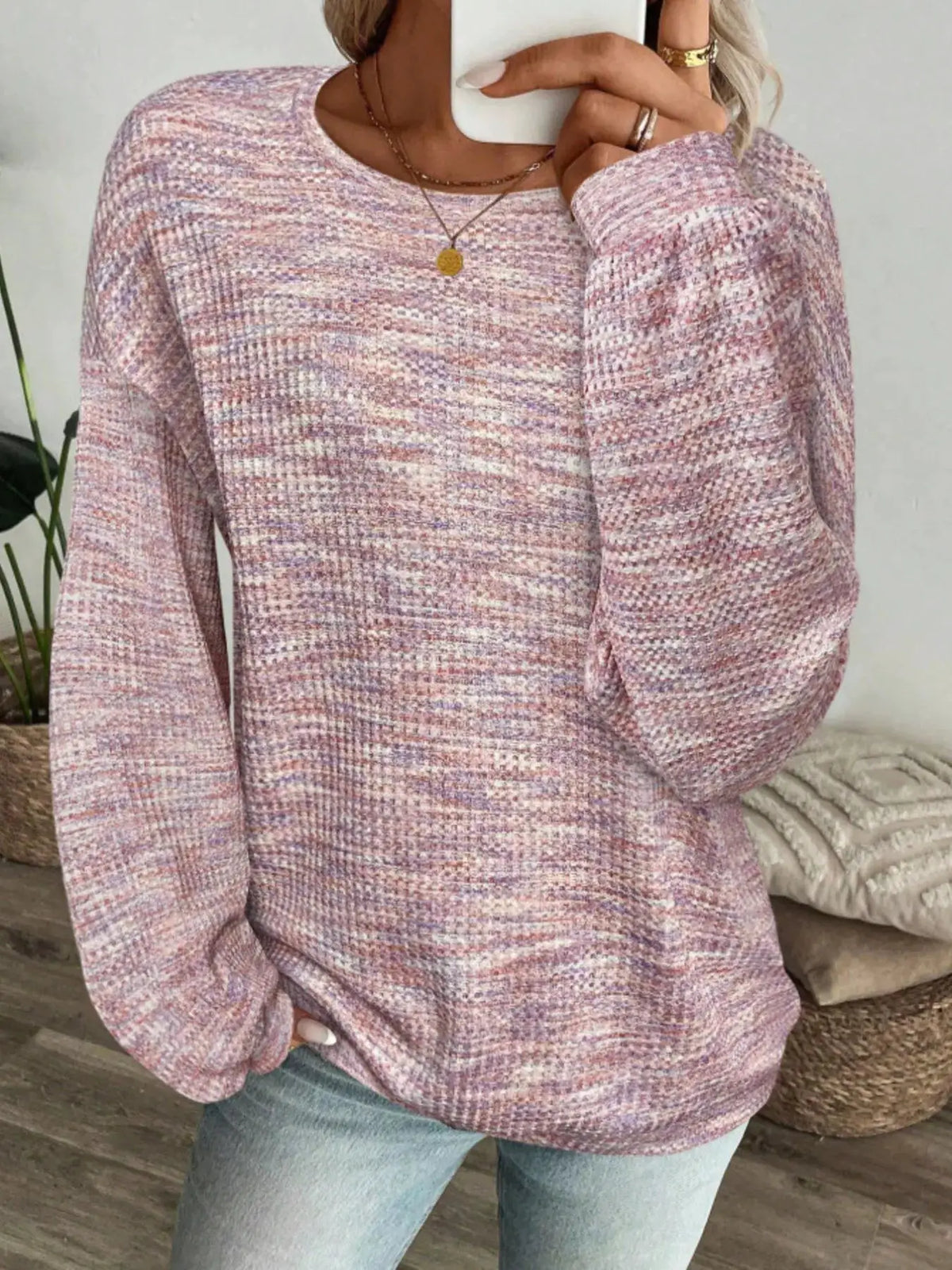 Space-Dyed Long Sleeve Waffle-Knit Top by Trendsi