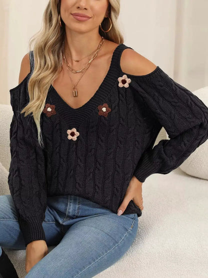Floral Applique Cold Shoulder Cable Knit Sweater by Trendsi