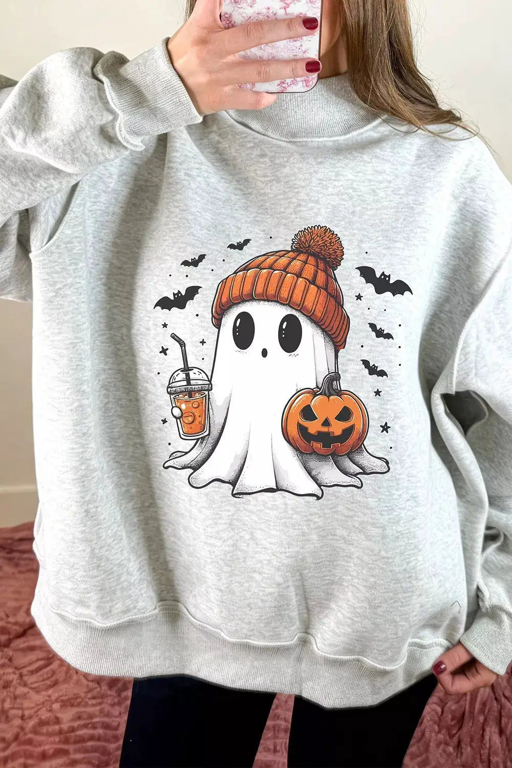 Reversible Halloween Graphic Mock Neck Tunic Sweatshirt by Trendsi