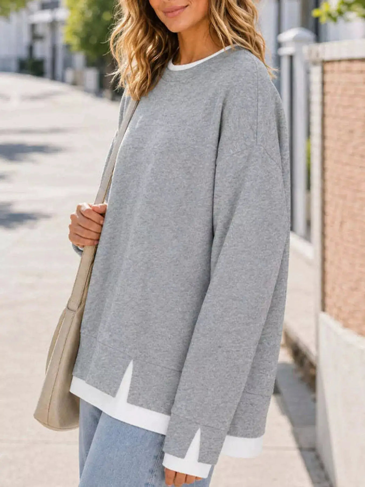 Crewneck Sweatshirt with Contrast Ribbed Trim by Trendsi