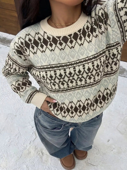 Fair Isle Pattern Crew Neck Long Sleeve Sweater - Bitsy Gypsy Boutique