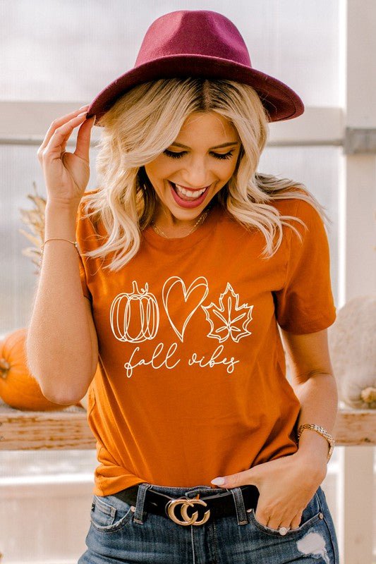 Fall Vibes Pumpkin Heart Leaf Graphic Tee - Bitsy Gypsy Boutique