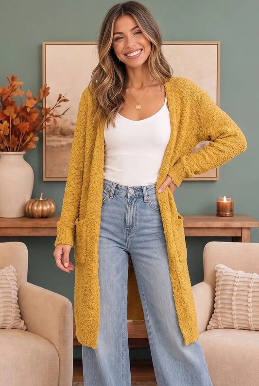 Falling For You Yellow Boucle Longline Cardigan by Kye Mi