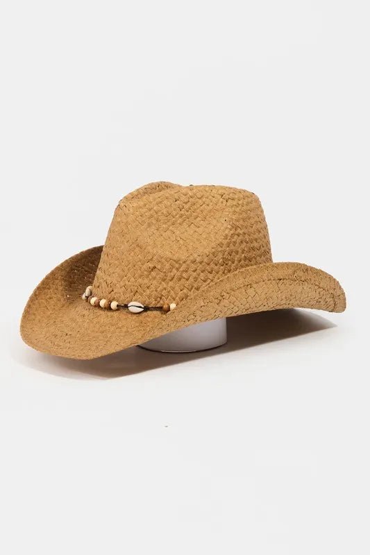 Fame Beaded Cowrie Shell Straw Weave Western Cowboy Hat - Bitsy Gypsy Boutique