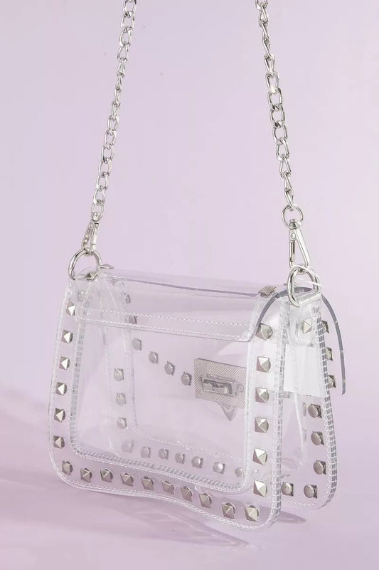 Fame Clear Studded Crossbody Stadium Bag With Chain Strap - Bitsy Gypsy Boutique