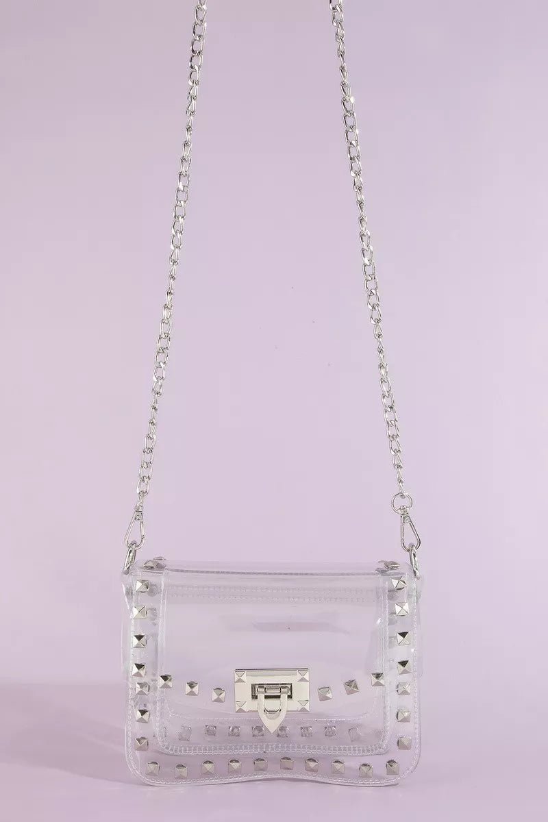 Fame Clear Studded Crossbody Stadium Bag With Chain Strap - Bitsy Gypsy Boutique