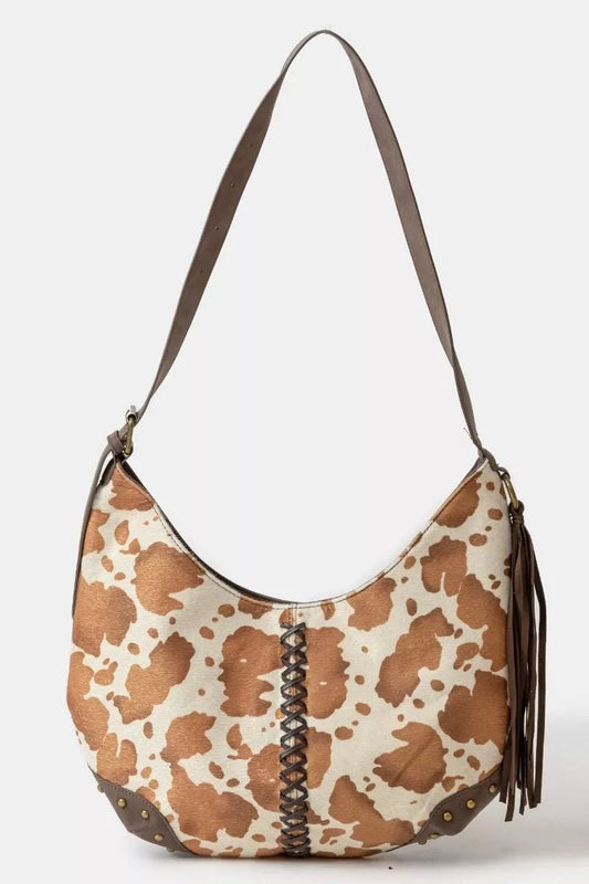Fame Cow Print Hobo Shoulder Bag with Studded Details - Bitsy Gypsy Boutique