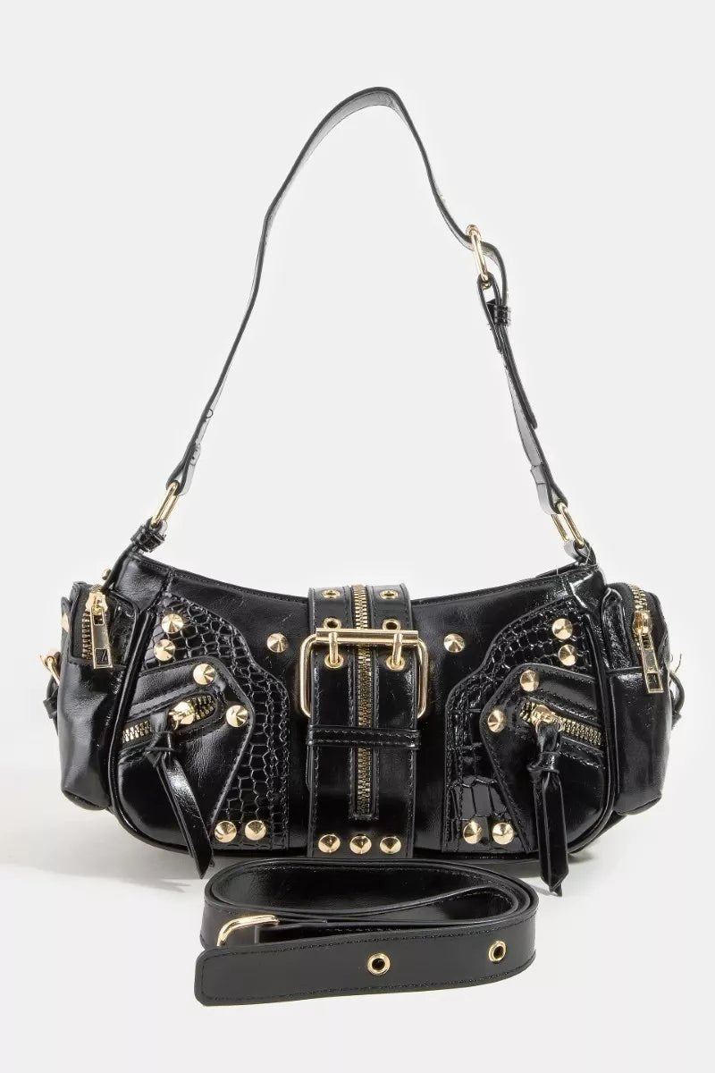 Fame Rivet Detail Leather Shoulder Bag - Bitsy Gypsy Boutique