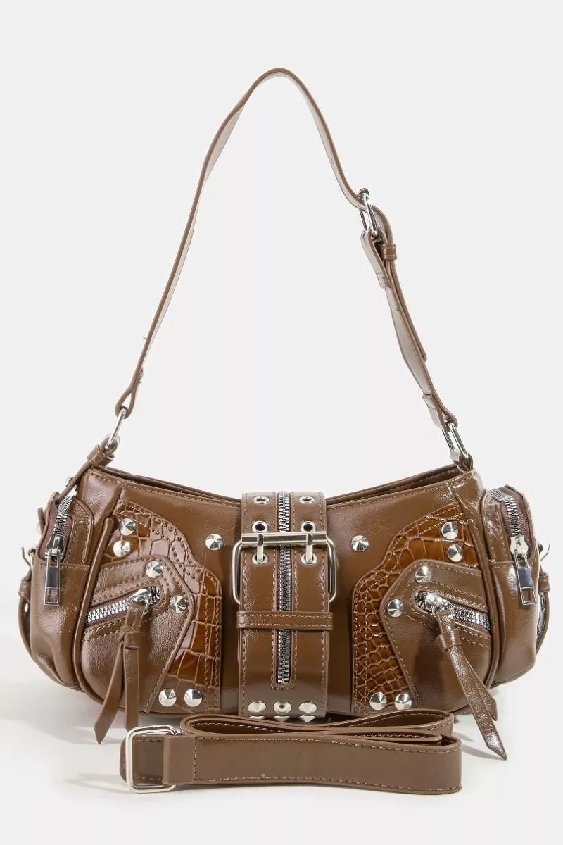 Fame Rivet Detail Leather Shoulder Bag - Bitsy Gypsy Boutique