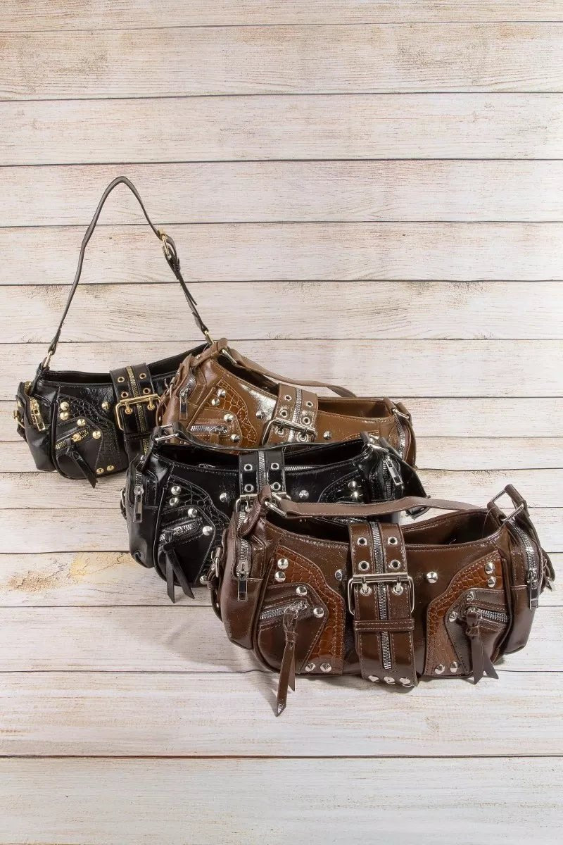 Fame Rivet Detail Leather Shoulder Bag - Bitsy Gypsy Boutique