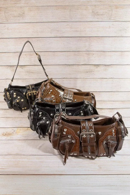 Fame Rivet Detail Leather Shoulder Bag - Bitsy Gypsy Boutique