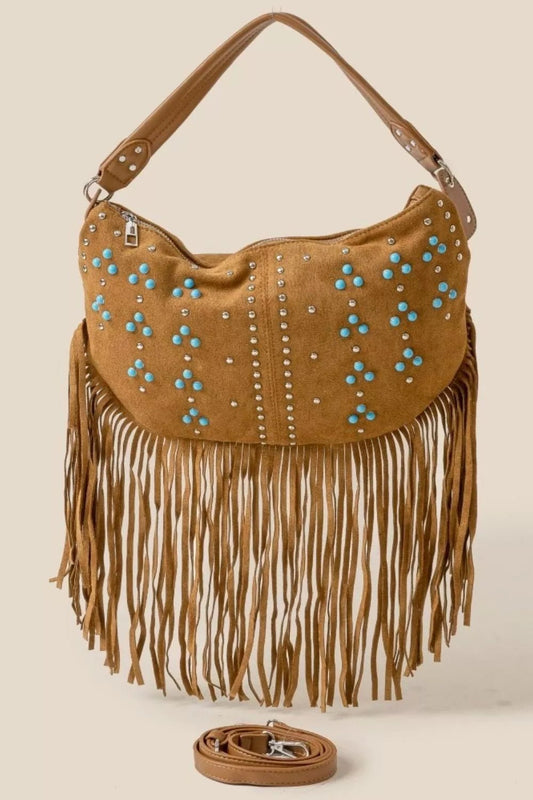 Fame Studded Pattern Multi Fringe Hobo Shoulder Bag - Bitsy Gypsy Boutique