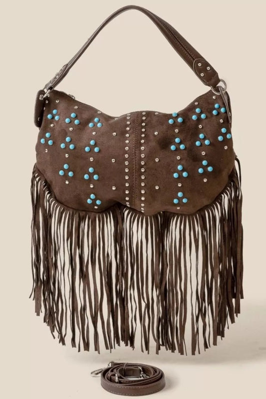 Fame Studded Pattern Multi Fringe Hobo Shoulder Bag - Bitsy Gypsy Boutique