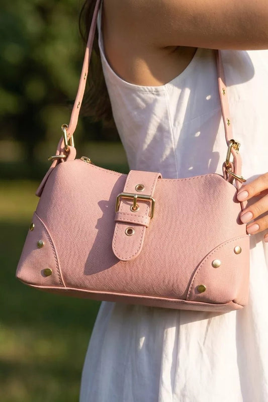 Fame Studded Saffiano Buckle Strap Shoulder Bag - Bitsy Gypsy Boutique