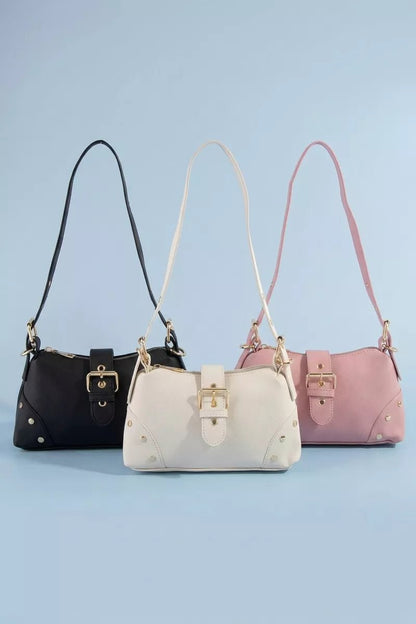 Fame Studded Saffiano Buckle Strap Shoulder Bag - Bitsy Gypsy Boutique