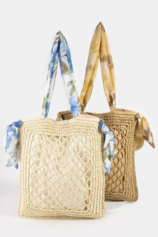 Fame Tropical Bandana Strap Straw Braided Tote Bag - Bitsy Gypsy Boutique