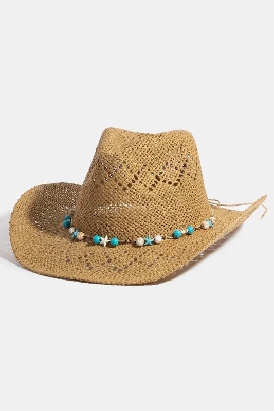 Fame Turquoise and Shell Star Beads Strap Western Straw Hat - Bitsy Gypsy Boutique