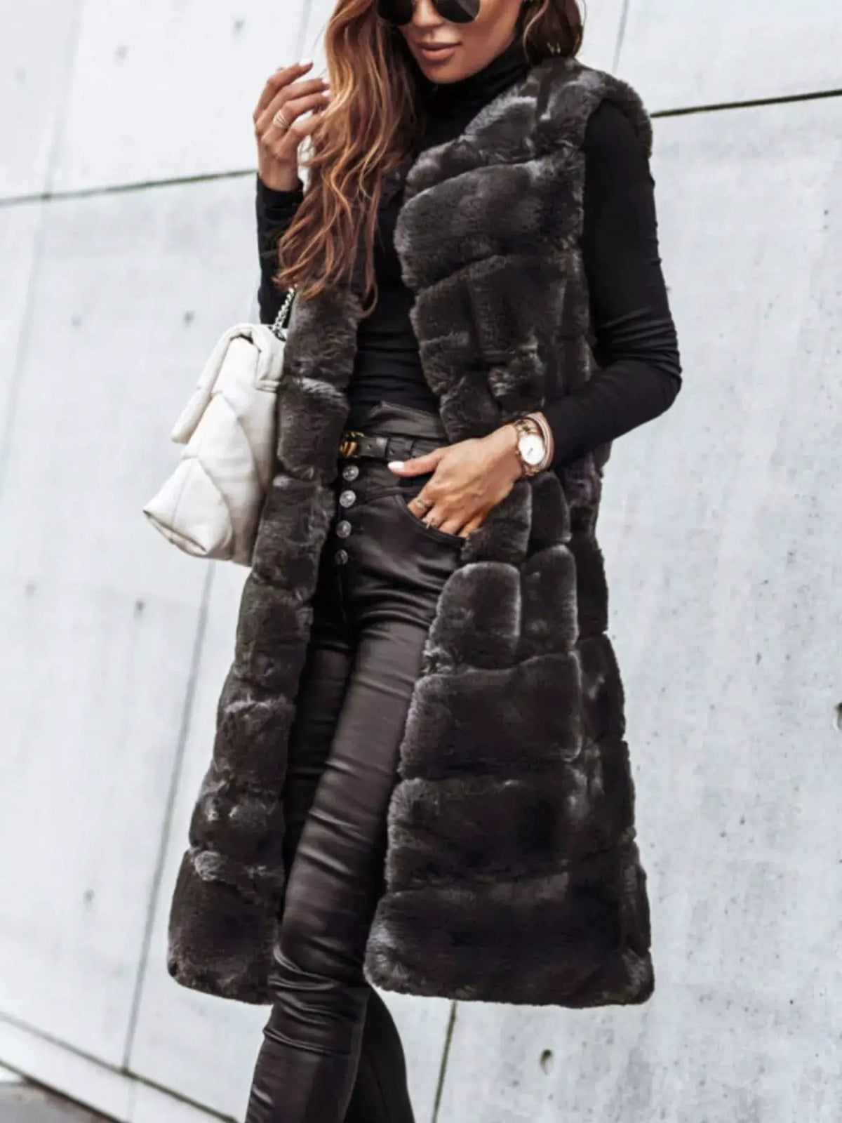 Faux Fur Longline Vest With Decorative Buttons - Bitsy Gypsy Boutique