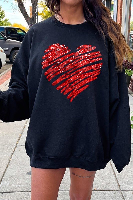 Faux Sequins Scribble Heart Graphic Sweatshirt - Bitsy Gypsy Boutique