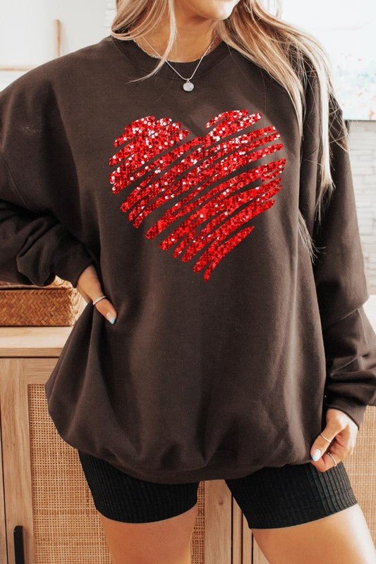 Faux Sequins Scribble Heart Graphic Sweatshirt - Bitsy Gypsy Boutique