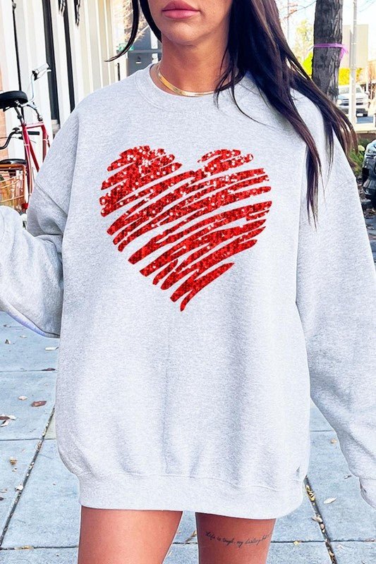 Faux Sequins Scribble Heart Graphic Sweatshirt - Bitsy Gypsy Boutique