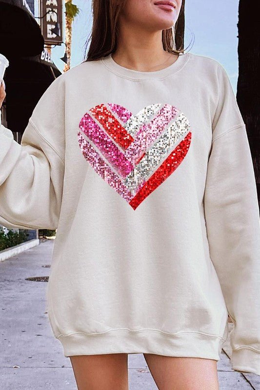 Faux Sequins Striped Heart Graphic Sweatshirt - Bitsy Gypsy Boutique