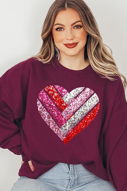 Faux Sequins Striped Heart Graphic Sweatshirt - Bitsy Gypsy Boutique