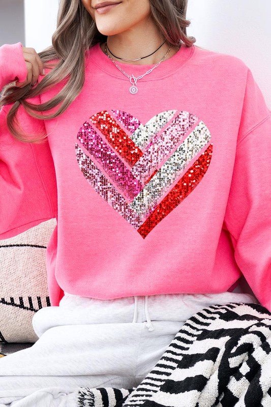 Faux Sequins Striped Heart Graphic Sweatshirt - Bitsy Gypsy Boutique