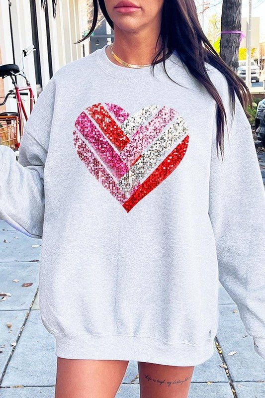 Faux Sequins Striped Heart Graphic Sweatshirt - Bitsy Gypsy Boutique