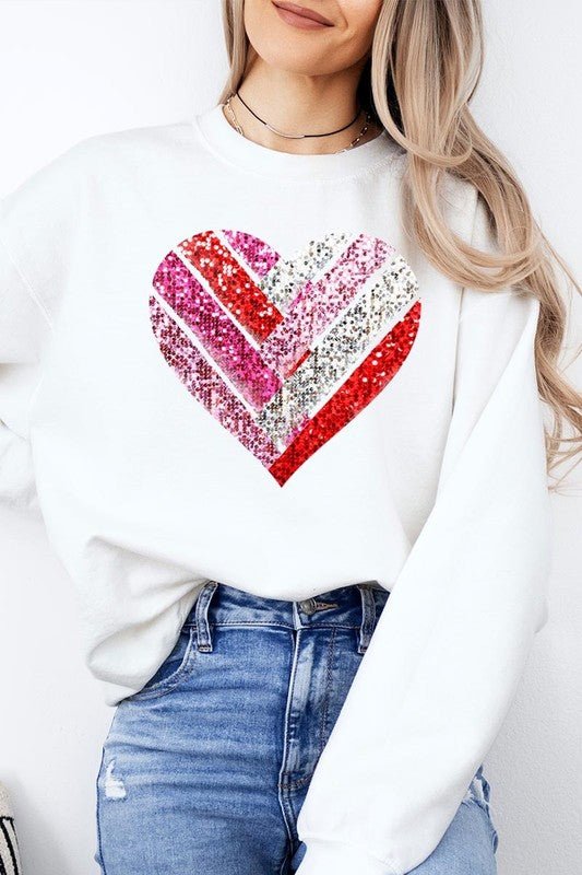 Faux Sequins Striped Heart Graphic Sweatshirt - Bitsy Gypsy Boutique