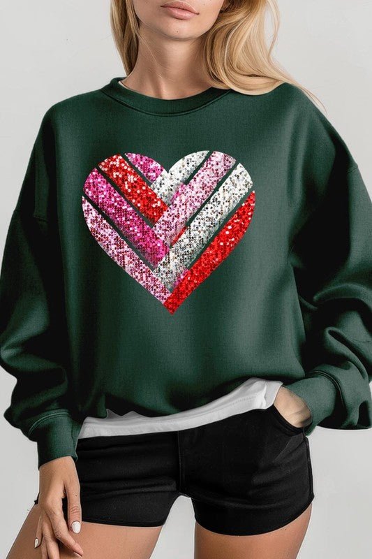 Faux Sequins Striped Heart Graphic Sweatshirt - Bitsy Gypsy Boutique