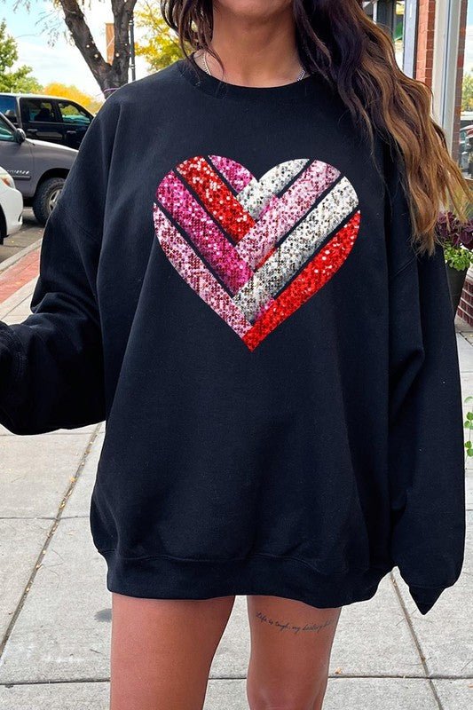 Faux Sequins Striped Heart Graphic Sweatshirt - Bitsy Gypsy Boutique