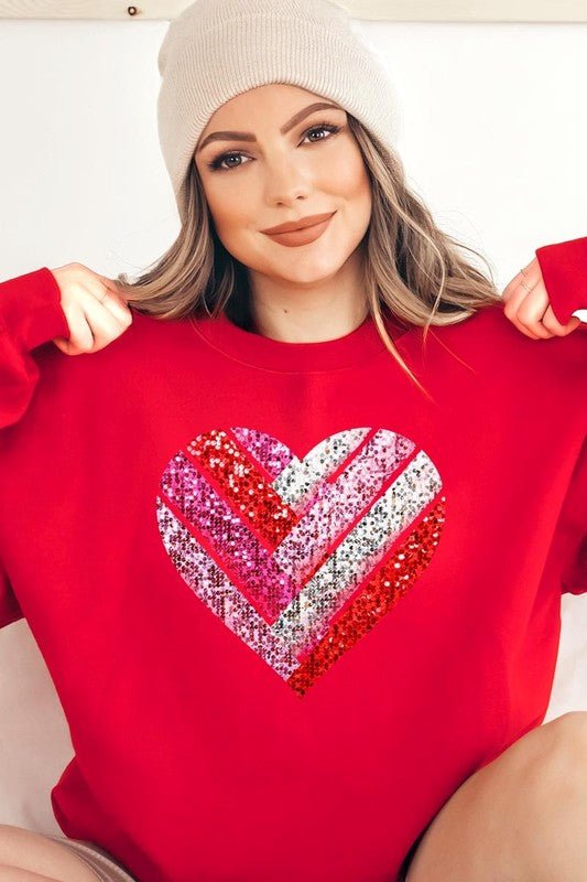 Faux Sequins Striped Heart Graphic Sweatshirt - Bitsy Gypsy Boutique