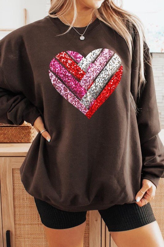 Faux Sequins Striped Heart Graphic Sweatshirt - Bitsy Gypsy Boutique