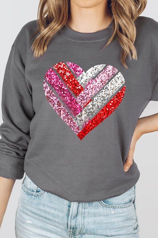 Faux Sequins Striped Heart Graphic Sweatshirt - Bitsy Gypsy Boutique